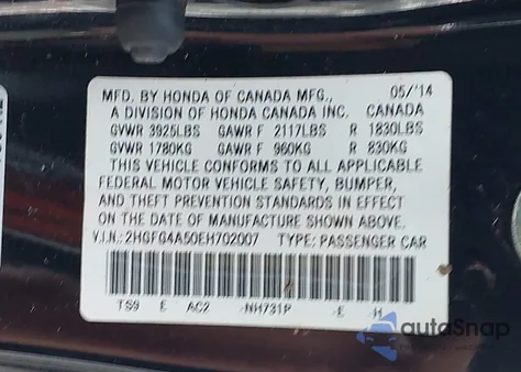 2014 Honda Civic Si z USA, uszkodzony, nr VIN 2HGFG4A50EH702007